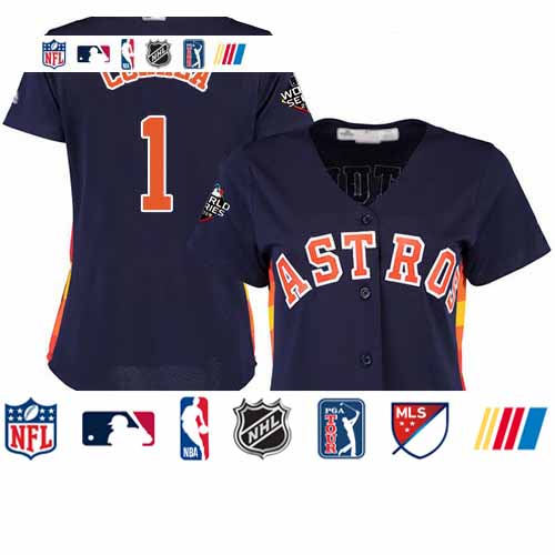 Personalized Astros #1 Carlos Correa Navy Blue Alternate 2019 World Series Bound Women’s Stitched Baseball Jersey