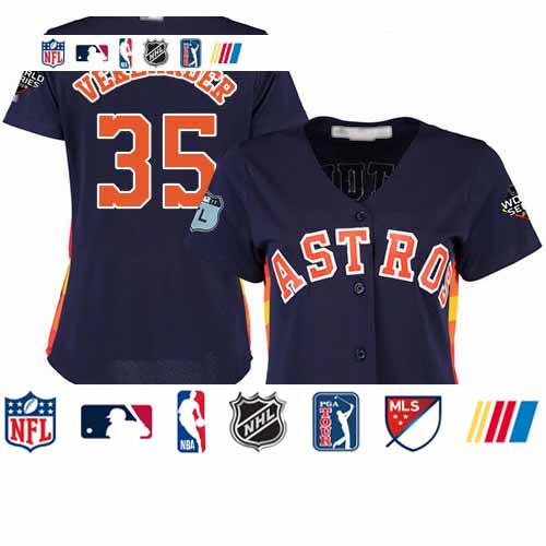 Personalized Astros #35 Justin Verlander Navy Blue Alternate 2019 World Series Bound Women’s Stitched Baseball Jersey