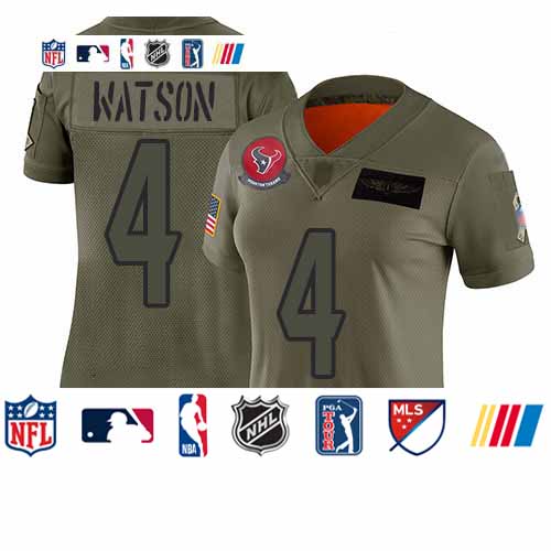 Personalized Texans #4 Deshaun Watson Camo Women’s Stitched Football Limited 2019 Salute to Service Jersey