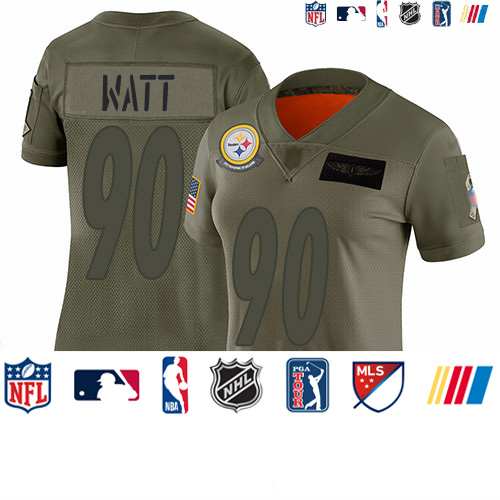Personalized Steelers #90 T. J. Watt Camo Women’s Stitched Football Limited 2019 Salute to Service Jersey