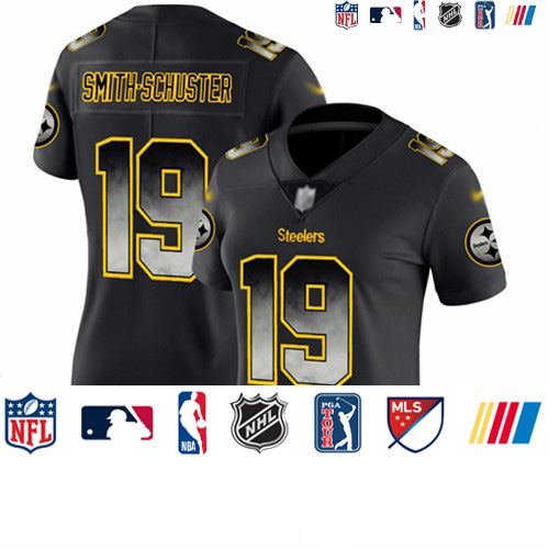 Personalized Steelers #19 JuJu Smith-Schuster Black Women’s Stitched Football Untouchable Limited Smoke Fashion Jersey