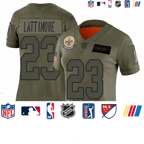 Personalized Saints #23 Marshon Lattimore Camo Women’s Stitched Football Limited 2019 Salute to Service Jersey