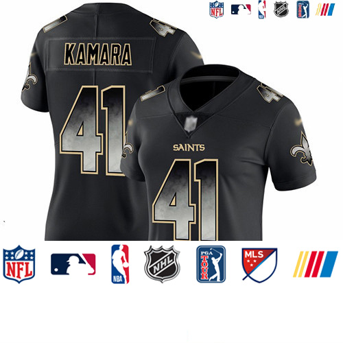 Personalized Saints #41 Alvin Kamara Black Women’s Stitched Football Untouchable Limited Smoke Fashion Jersey