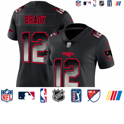 Personalized Patriots #12 Tom Brady Black Women’s Stitched Football Untouchable Limited Smoke Fashion Jersey