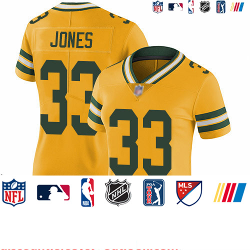 Personalized Packers #33 Aaron Jones Yellow Women’s Stitched Football Limited Rush Jersey