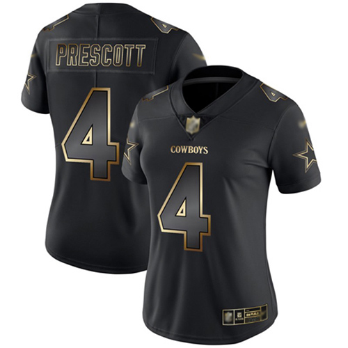 Personalized Cowboys #4 Dak Prescott Black Gold Women’s Stitched Football Untouchable Limited Jersey