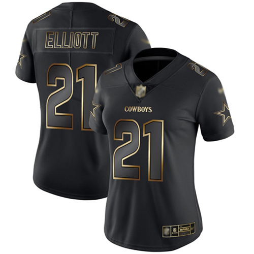 Personalized Cowboys #21 Ezekiel Elliott Black Gold Women’s Stitched Football Untouchable Limited Jersey