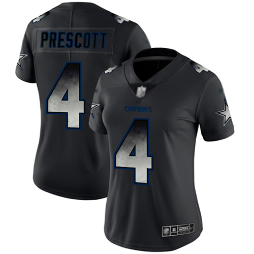 Personalized Cowboys #4 Dak Prescott Black Women’s Stitched Football Untouchable Limited Smoke Fashion Jersey