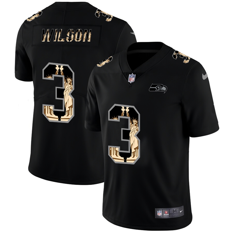 Personalized Seahawks 3 Russell Wilson Black Statue Of Liberty Limited Jersey