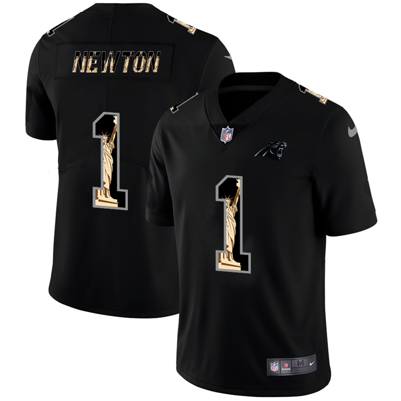 Personalized Panthers 1 Cam Newton Black Statue Of Liberty Limited Jersey