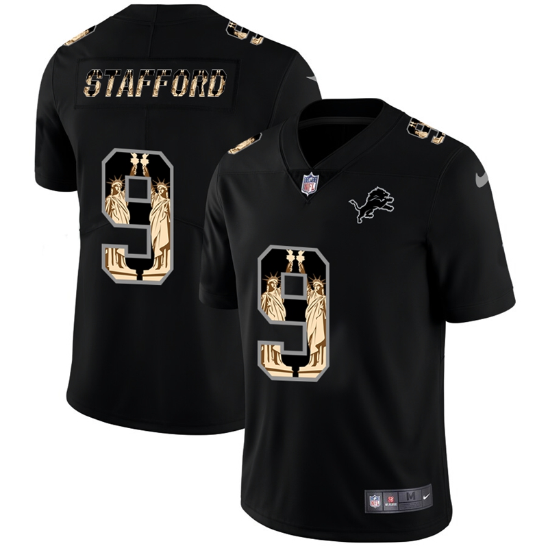Personalized Lions 9 Matthew Stafford Black Statue Of Liberty Limited Jersey
