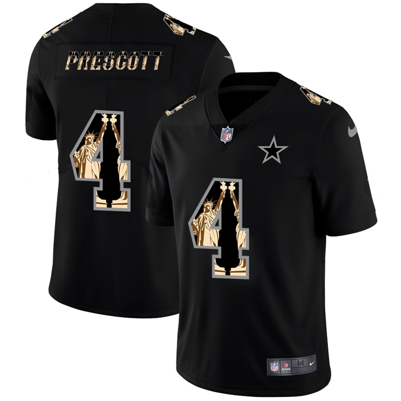 Personalized Cowboys 4 Dak Prescott Black Statue Of Liberty Limited Jersey