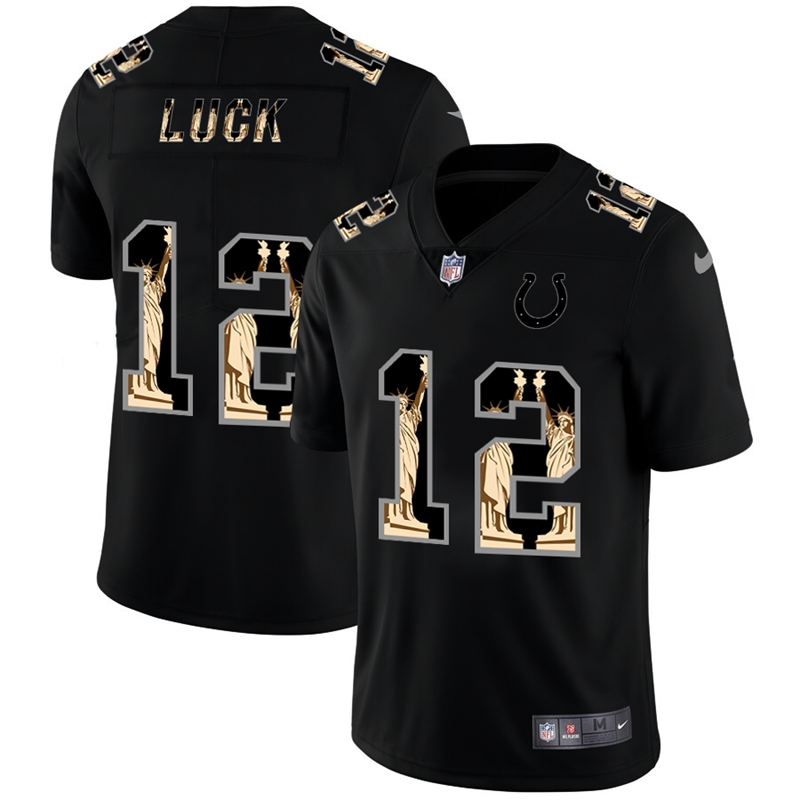 Personalized Colts 12 Andrew Luck Black Statue Of Liberty Limited Jersey