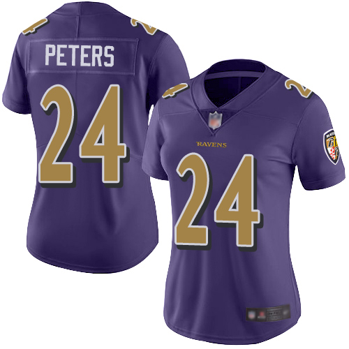 Personalized Ravens #24 Marcus Peters Purple Women’s Stitched Football Limited Rush Jersey
