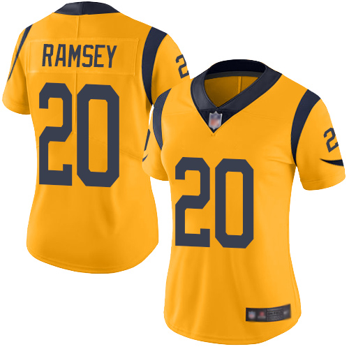Personalized Rams #20 Jalen Ramsey Gold Women’s Stitched Football Limited Rush Jersey
