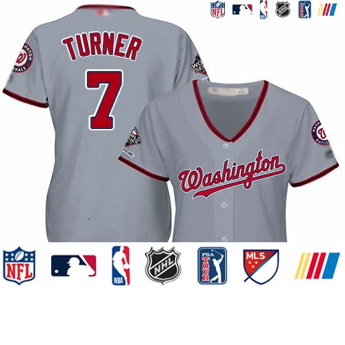 Personalized Nationals #7 Trea Turner Grey Road 2019 World Series Champions Women’s Stitched Baseball Jersey