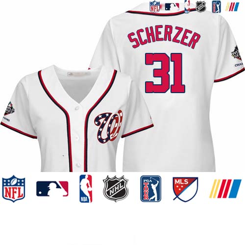 Personalized Nationals #31 Max Scherzer White Home 2019 World Series Champions Women’s Stitched Baseball Jersey
