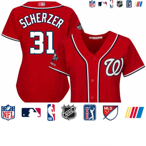 Personalized Nationals #31 Max Scherzer Red Alternate 2019 World Series Champions Women’s Stitched Baseball Jersey