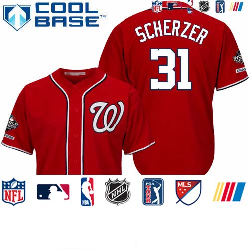 Personalized Nationals #31 Max Scherzer Red New Cool Base 2019 World Series Champions Stitched Baseball Jersey