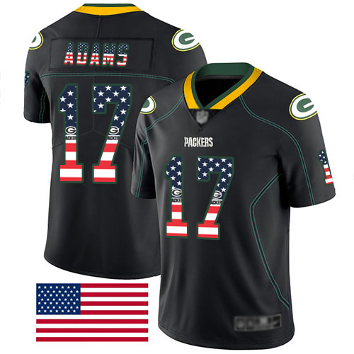 Personalized Packers #17 Davante Adams Black Men’s Stitched Football Limited Rush USA Flag Jersey