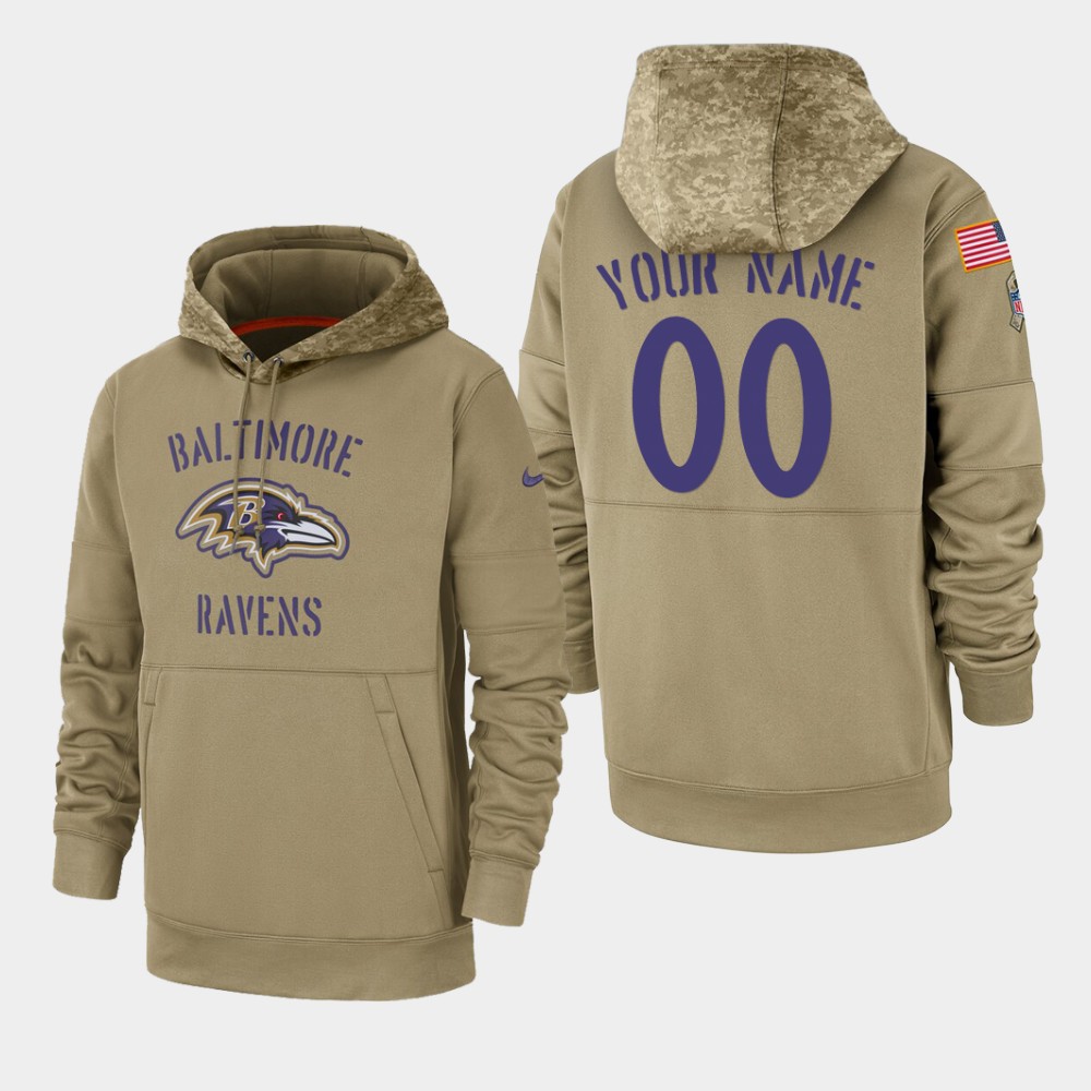 Personalized Men’s Baltimore Ravens 2019 Salute to Service Sideline Therma Pullover Hoodie – Tan