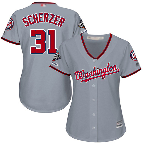 Personalized Nationals #31 Max Scherzer Grey Road 2019 World Series Champions Women’s Stitched Baseball Jersey