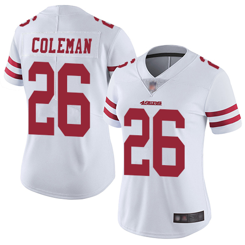 Personalized 49ers #26 Tevin Coleman White Women’s Stitched Football Untouchable Limited Jersey