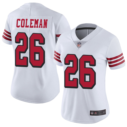 Personalized 49ers #26 Tevin Coleman White Rush Women’s Stitched Football Untouchable Limited Jersey