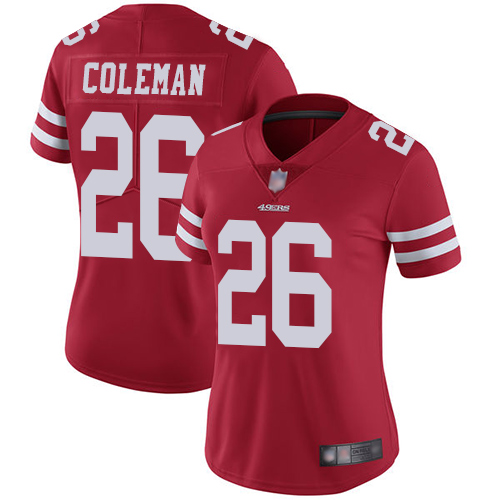 Personalized 49ers #26 Tevin Coleman Red Team Color Women’s Stitched Football Untouchable Limited Jersey