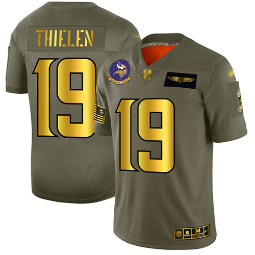 Personalized Vikings #19 Adam Thielen Camo Gold Men’s Stitched Football Limited 2019 Salute To Service Jersey