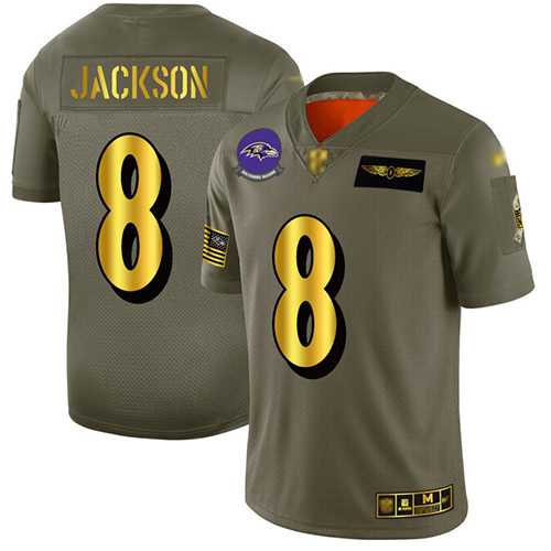 Personalized Ravens #8 Lamar Jackson Camo Gold Men’s Stitched Football Limited 2019 Salute To Service Jersey