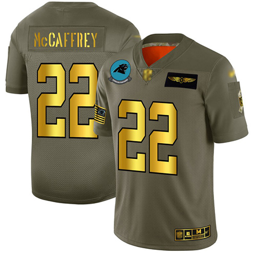 Personalized Panthers #22 Christian McCaffrey Camo Gold Men’s Stitched Football Limited 2019 Salute To Service Jersey