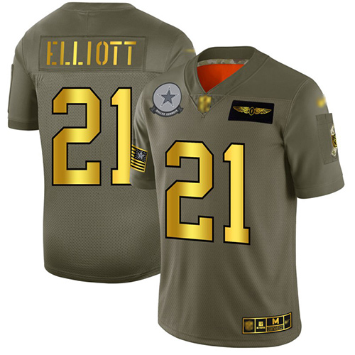 Personalized Cowboys #21 Ezekiel Elliott Camo Gold Men’s Stitched Football Limited 2019 Salute To Service Jersey