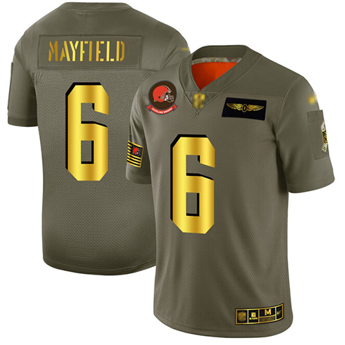 Personalized Browns #6 Baker Mayfield Camo Gold Men’s Stitched Football Limited 2019 Salute To Service Jersey