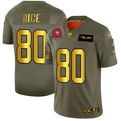 Personalized 49ers #80 Jerry Rice Camo Gold Men’s Stitched Football Limited 2019 Salute To Service Jersey