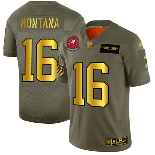 Personalized 49ers #16 Joe Montana Camo Gold Men’s Stitched Football Limited 2019 Salute To Service Jersey