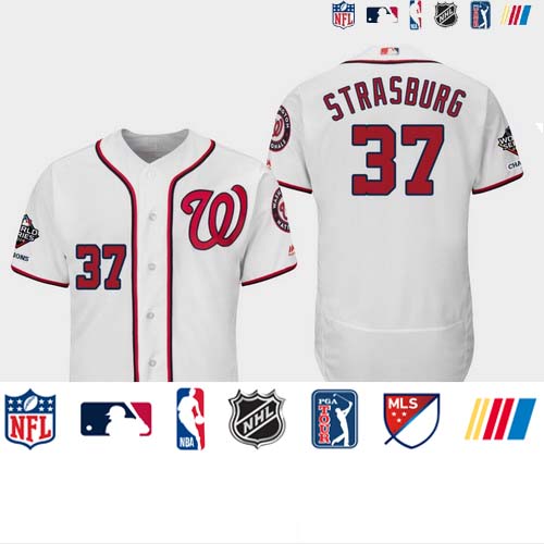 Personalized Men’s Washington Nationals #37 Stephen Strasburg 2019 World Series Champions Flex Base Home White Jerse