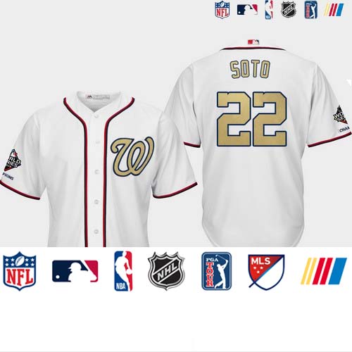 Personalized Men’s Washington Nationals #22 Juan Soto White 2019 World Series Champions Gold Program Cool Base Jersey