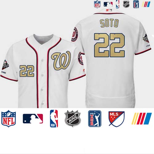Personalized Men’s Washington Nationals #22 Juan Soto 2019 World Series Champions White Gold Program Flex Base Jersey