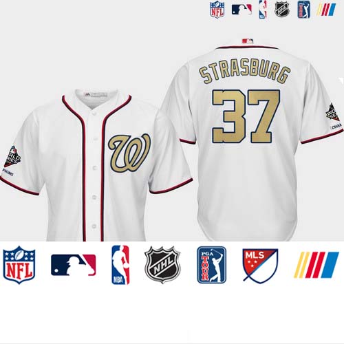 Personalized Men’s Washington Nationals #37 Stephen Strasburg White 2019 World Series Champions Gold Program Cool Base Jersey