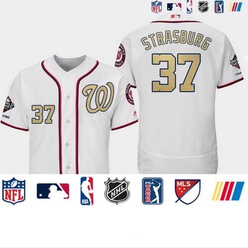 Personalized Men’s Washington Nationals #37 Stephen Strasburg White Gold Program 2019 World Series Champions Flex Base Jersey