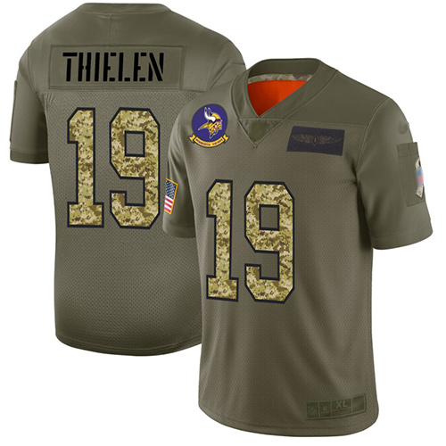 Personalized Vikings #19 Adam Thielen Olive Camo Men’s Stitched Football Limited 2019 Salute To Service Jersey