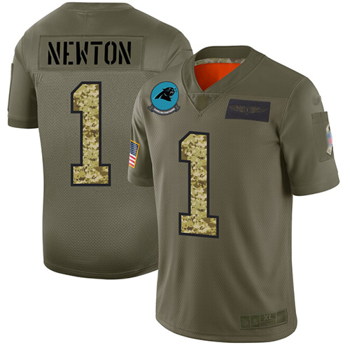 Personalized Panthers #1 Cam Newton Olive Camo Men’s Stitched Football Limited 2019 Salute To Service Jersey