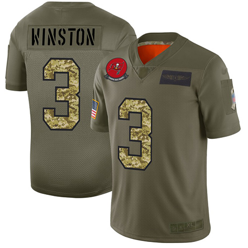 Personalized Buccaneers #3 Jameis Winston Olive Camo Men’s Stitched Football Limited 2019 Salute To Service Jersey