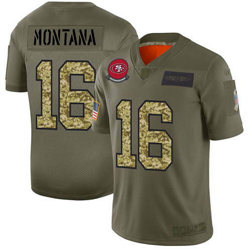 Personalized 49ers #16 Joe Montana Olive Camo Men’s Stitched Football Limited 2019 Salute To Service Jersey