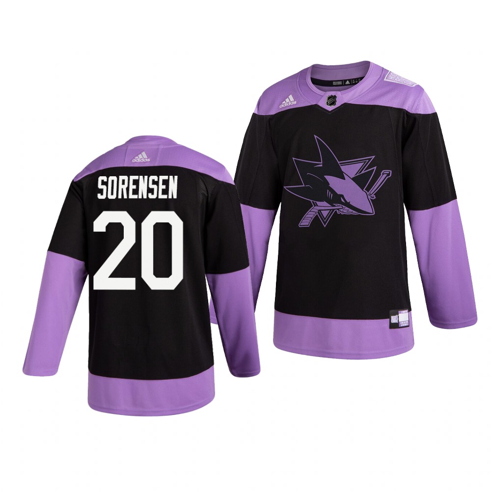 Personalized Sharks 20 Marcus Sorensen Black Purple Hockey Fights Cancer Jersey