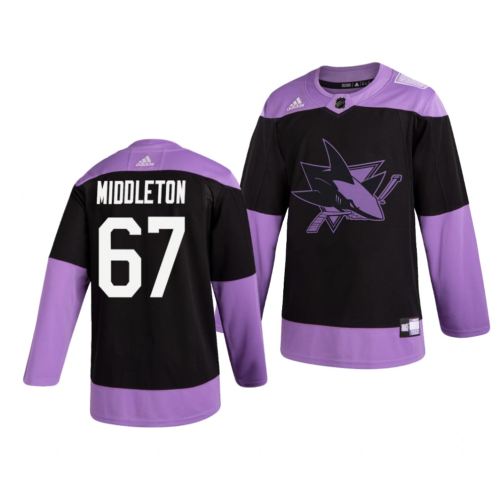 Personalized Sharks 67 Jacob Middleton Black Purple Hockey Fights Cancer Jersey