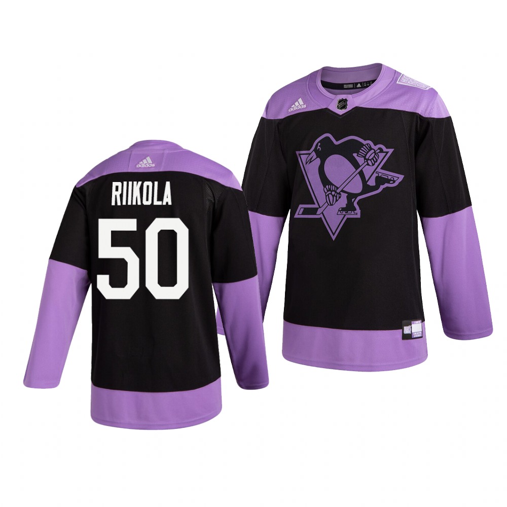Personalized Penguins 50 Juuso Riikola Black Purple Hockey Fights Cancer Jersey