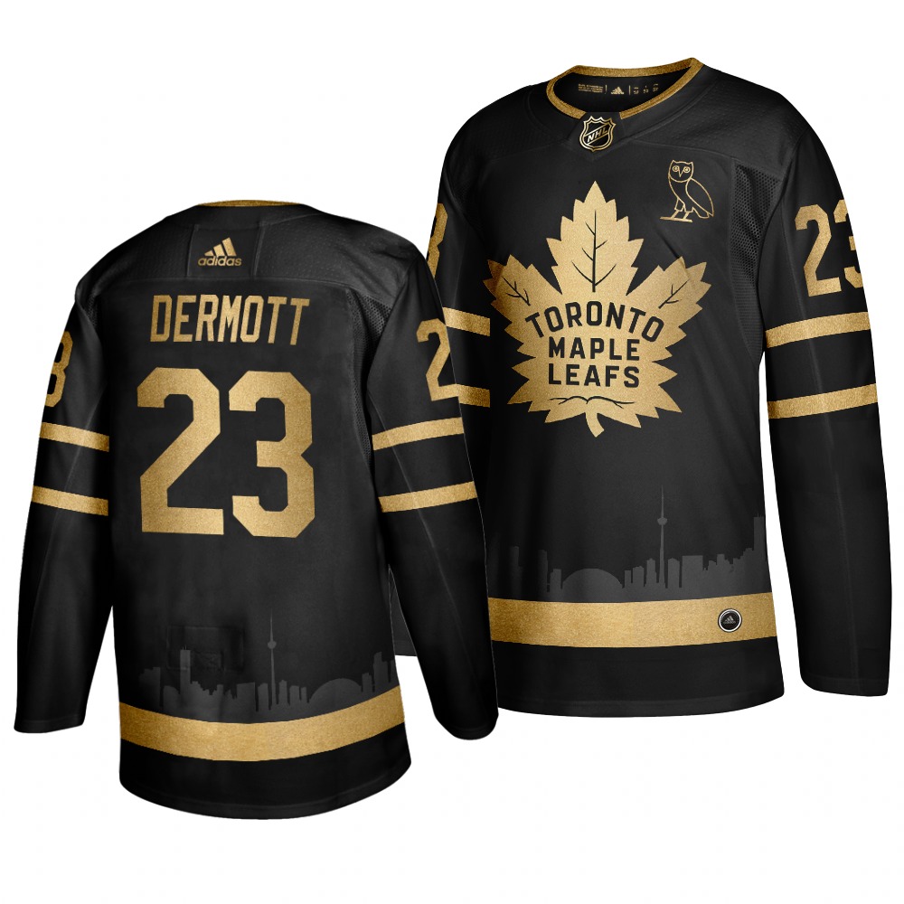 Personalized Maple Leafs 23 Travis Dermott Black With Special Glittery Logo Jersey