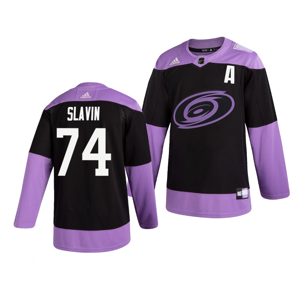 Personalized Hurricanes 74 Jaccob Slavin Black Purple Hockey Fights Cancer Jersey